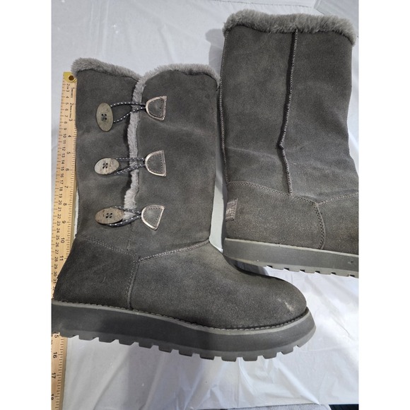 Skechers Shoes - Skechers Womans Suede Boots Fleece Lined Pull On Flat Mid Calf Boot Grey Size 10